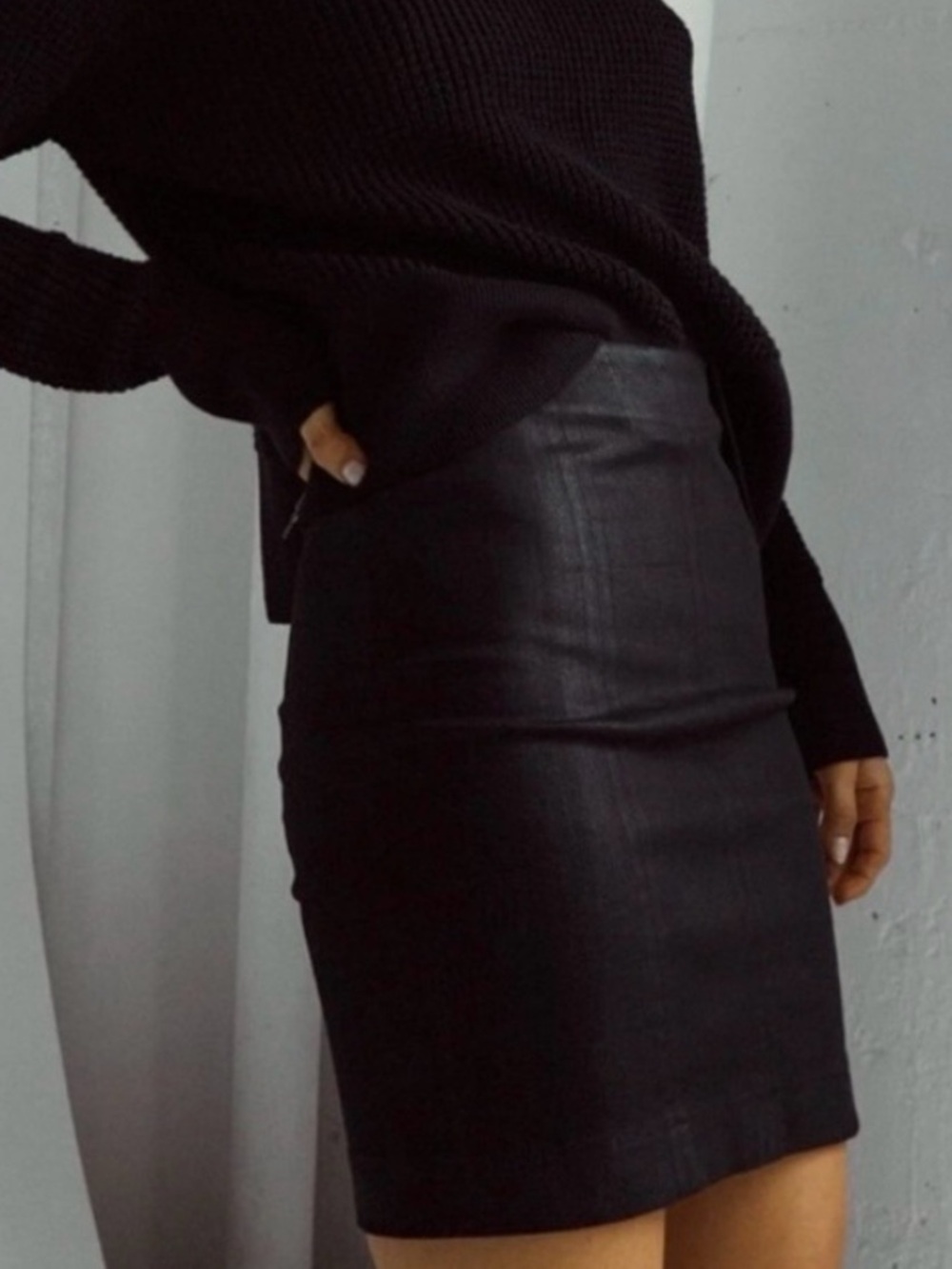 VETTA Black Leatherette Waxed Cotton Fitted Stretch Denim Mini Skirt Zipper 4